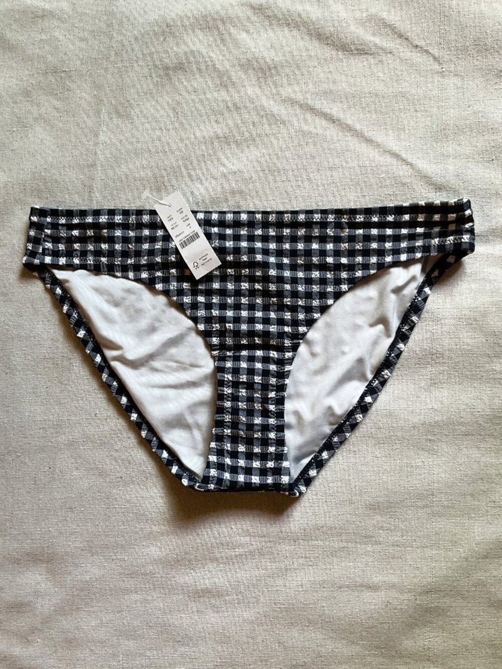 NWT J Crew Women’s Gingham Seersucker Bikini Bottom, Navy/White, Sz S